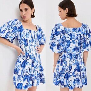 NWT Farm Rio Garden Blue White Tiles Plaid Linen Mini Dress size L